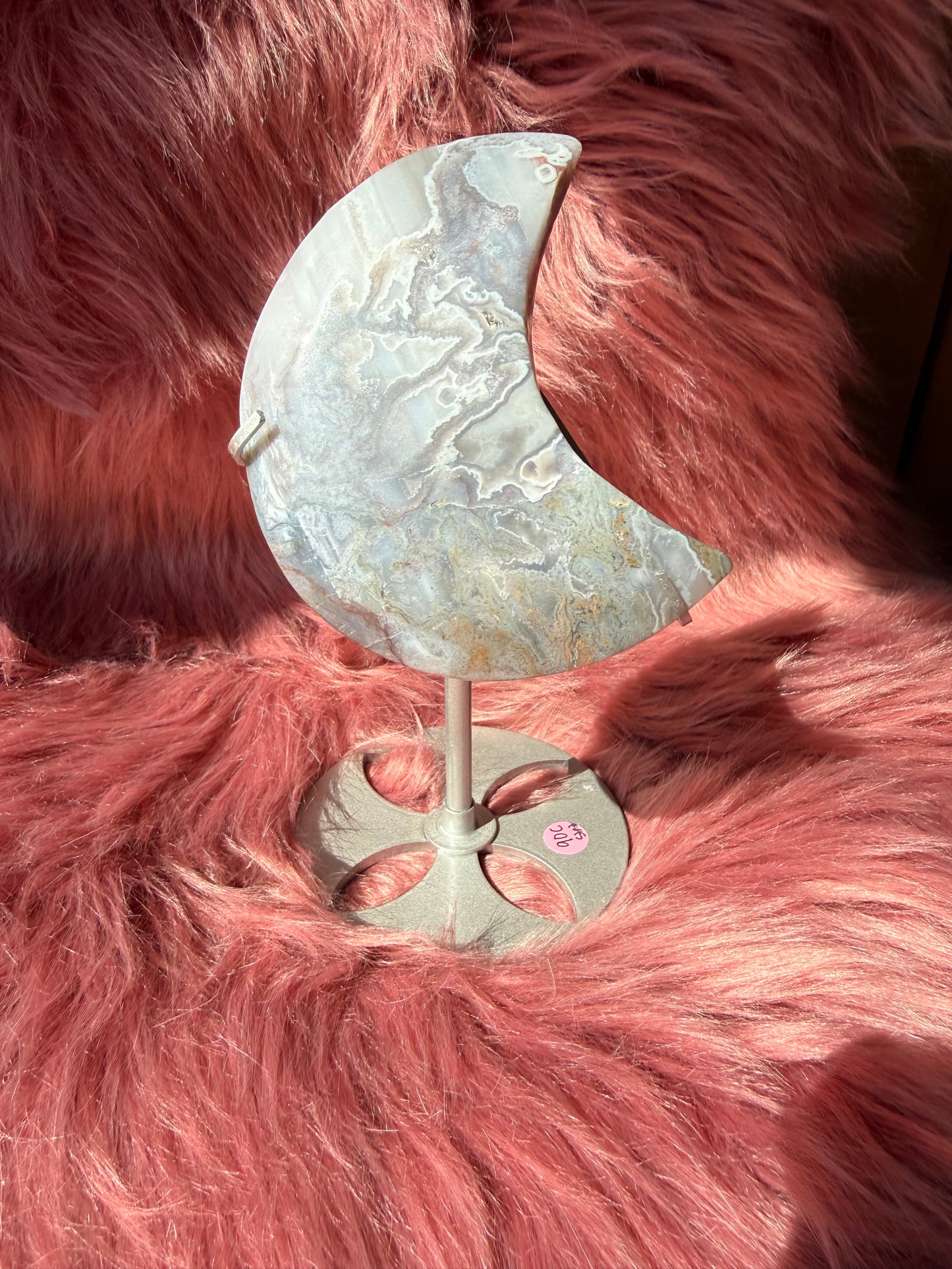 Stunning Moss Agate Moon Carving with Stand - C