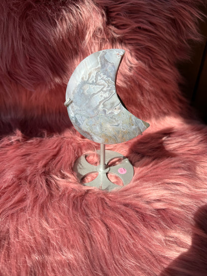 Stunning Moss Agate Moon Carving with Stand - C