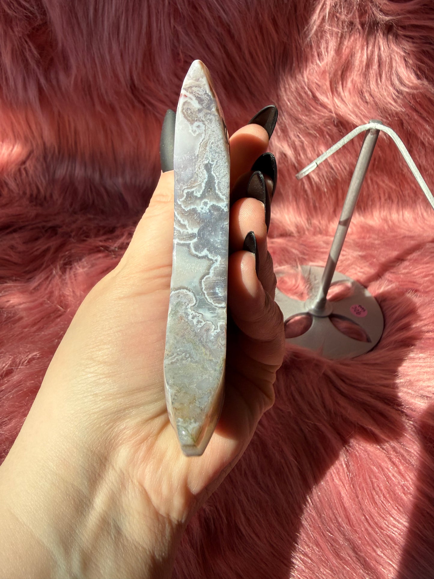 Stunning Moss Agate Moon Carving with Stand - C