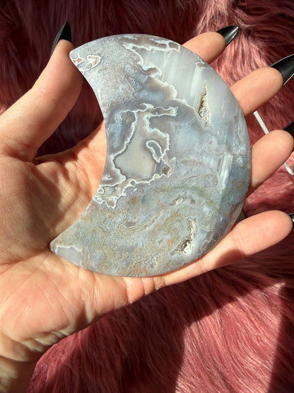 Stunning Moss Agate Moon Carving with Stand - C