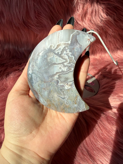 Stunning Moss Agate Moon Carving with Stand - C
