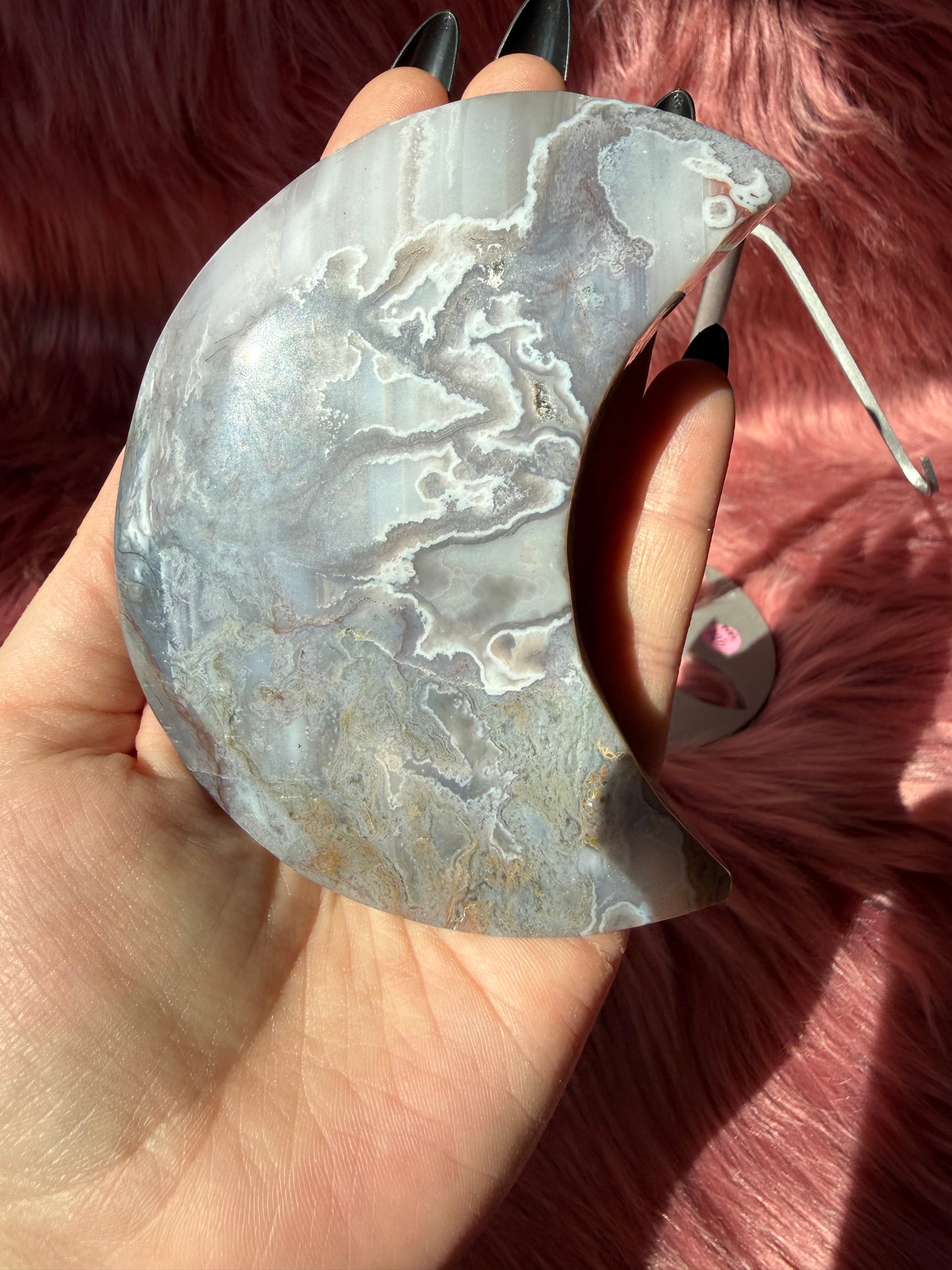 Stunning Moss Agate Moon Carving with Stand - C