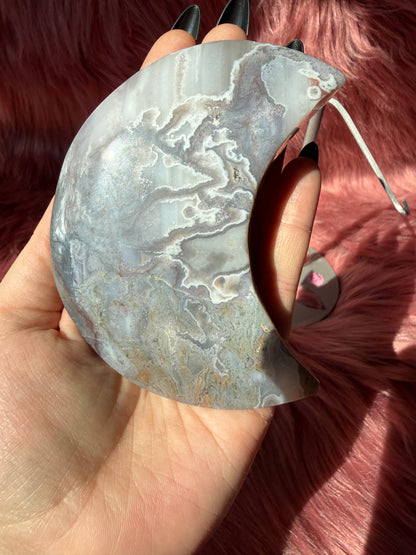 Stunning Moss Agate Moon Carving with Stand - C