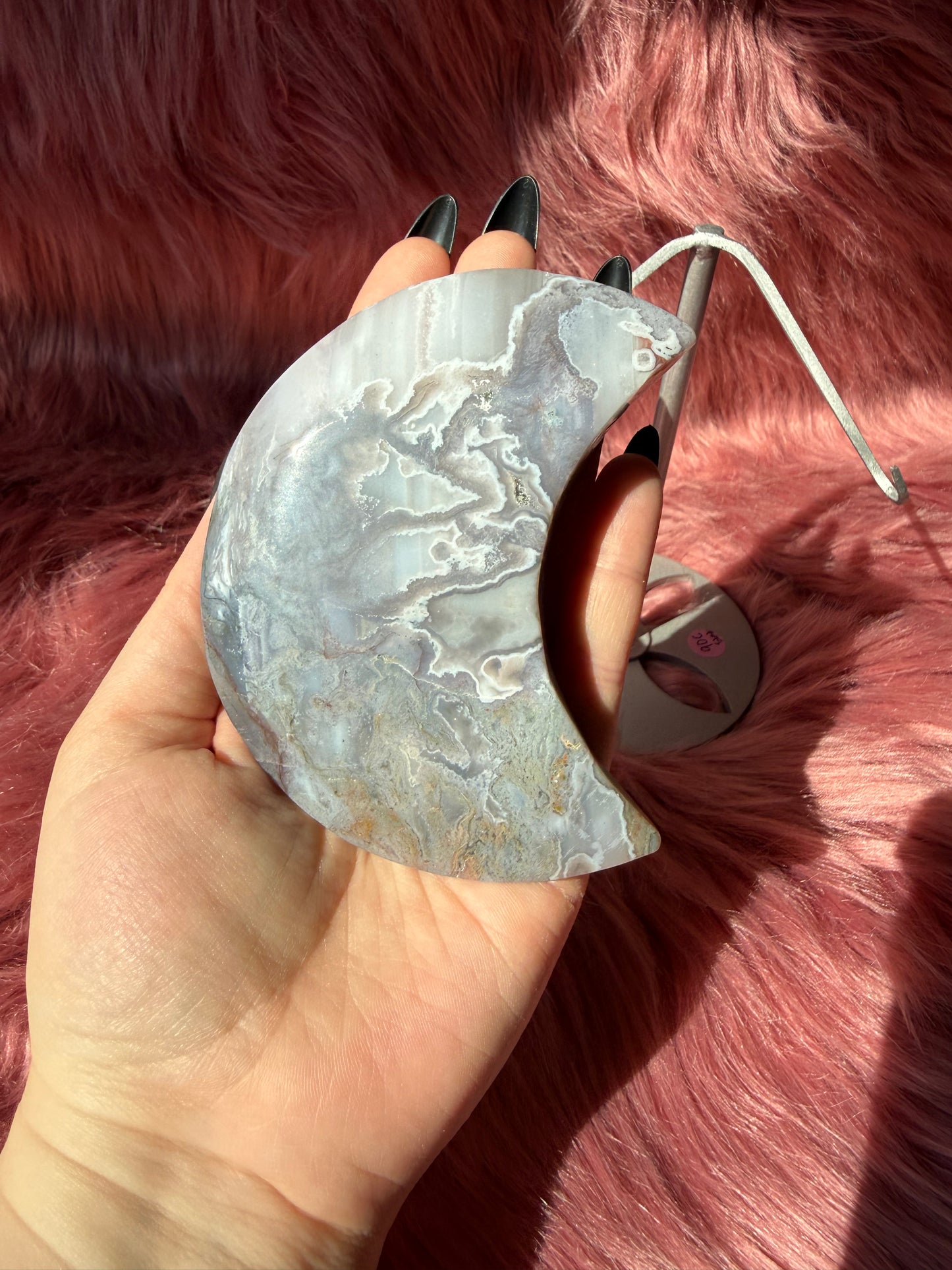 Stunning Moss Agate Moon Carving with Stand - C
