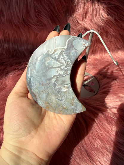 Stunning Moss Agate Moon Carving with Stand - C