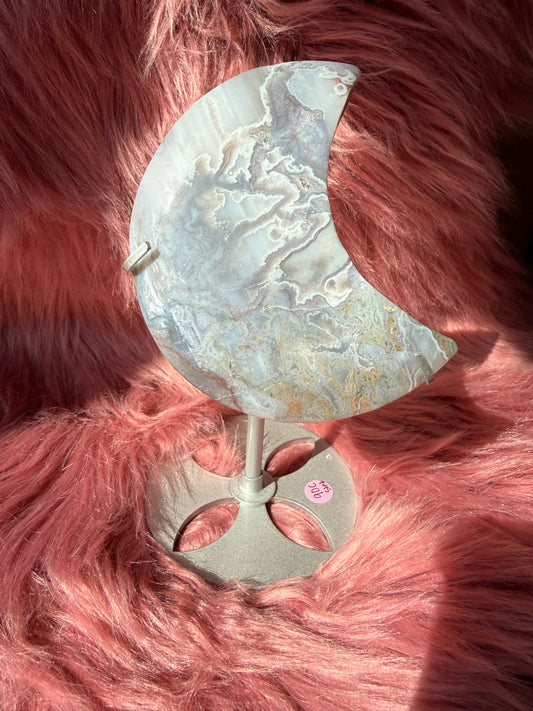 Stunning Moss Agate Moon Carving with Stand - C