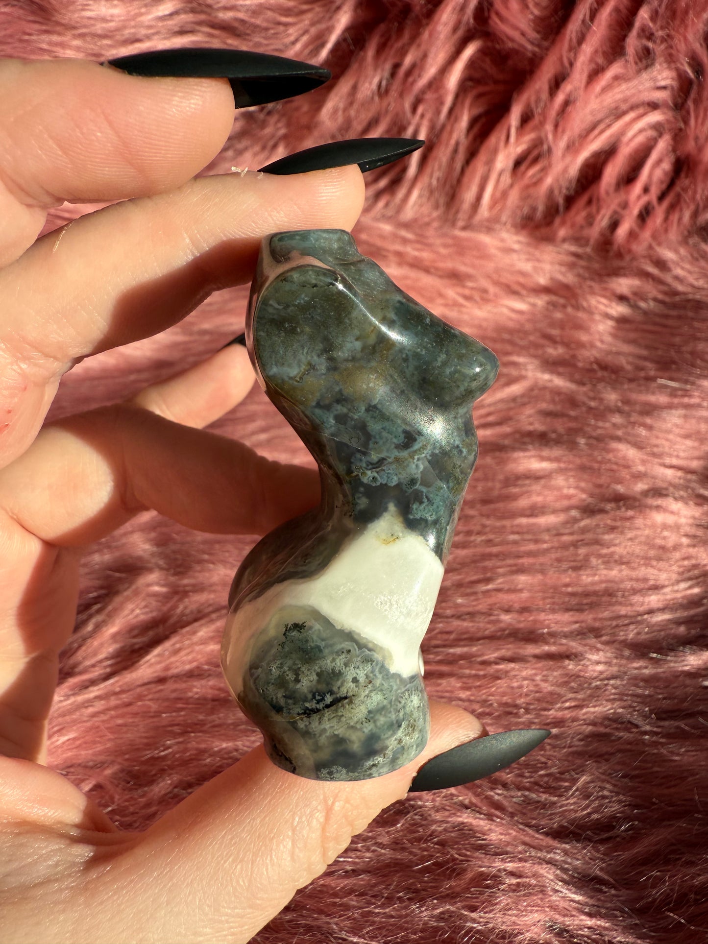 Stunning Blue Green Moss Agate with Quartz Goddess Body - D