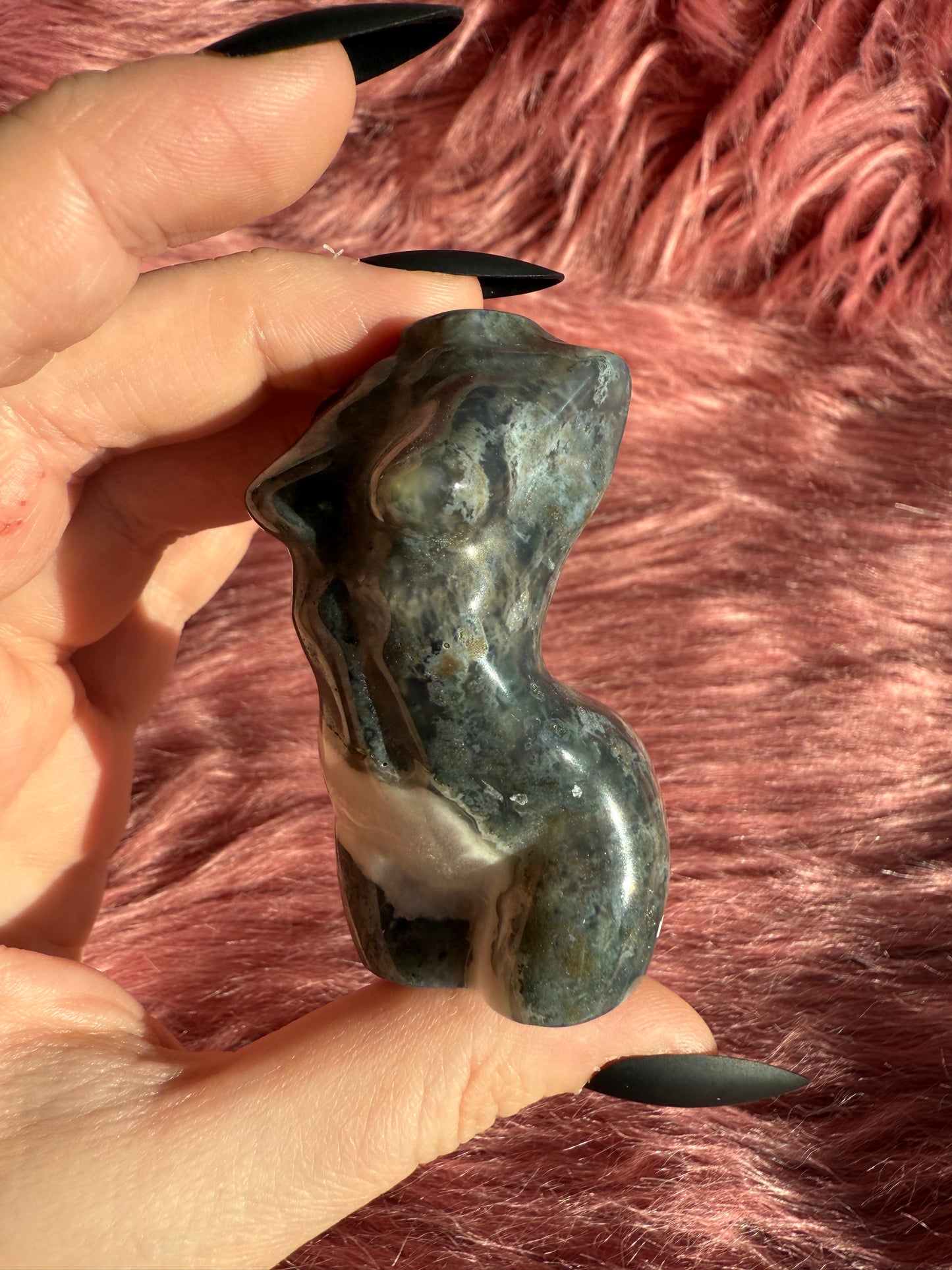 Stunning Blue Green Moss Agate with Quartz Goddess Body - D