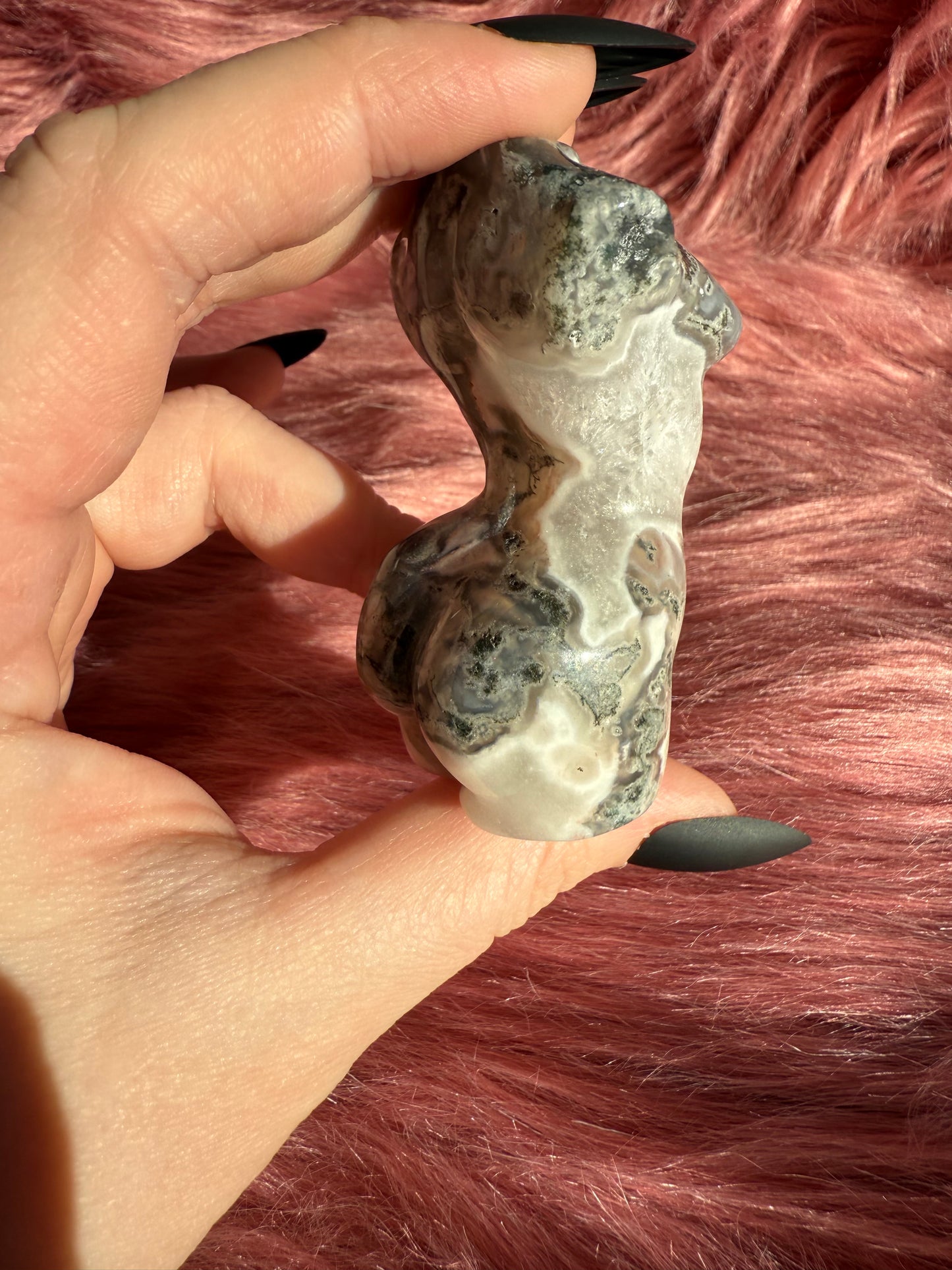 Stunning Blue Green Moss Agate with Quartz Goddess Body - E