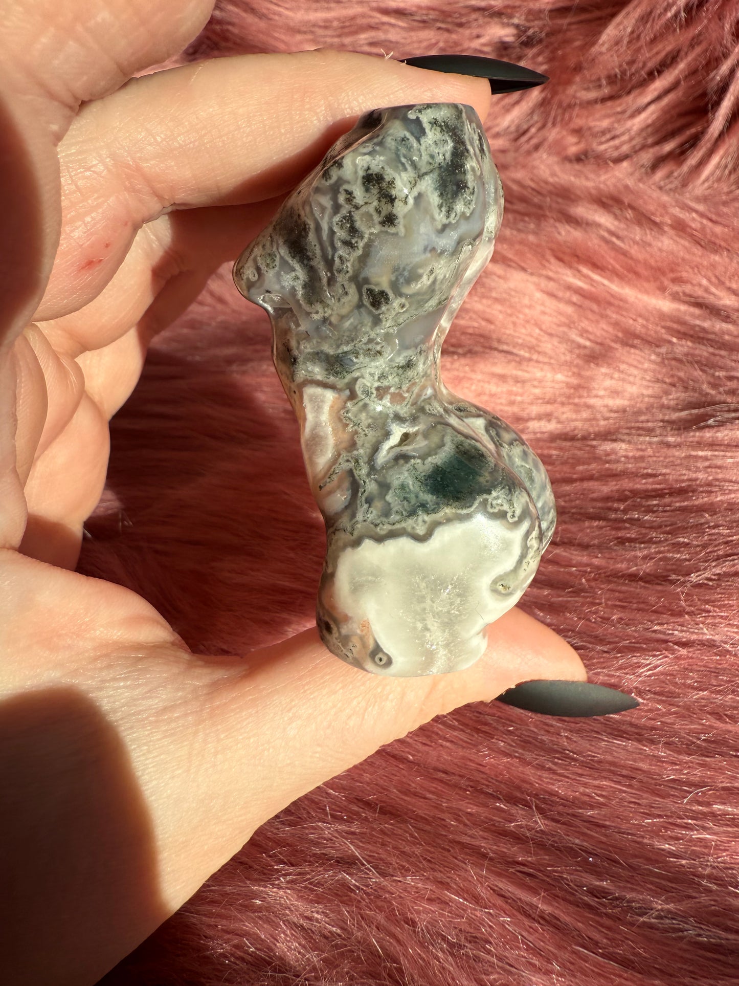 Stunning Blue Green Moss Agate with Quartz Goddess Body - E