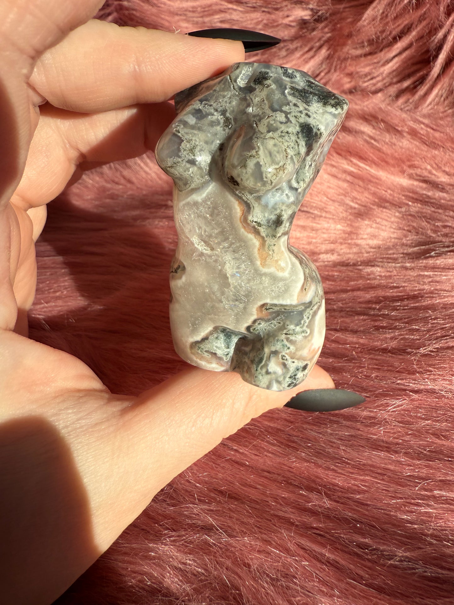 Stunning Blue Green Moss Agate with Quartz Goddess Body - E