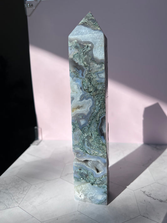 Stunning Druzy Moss Agate Tower - E