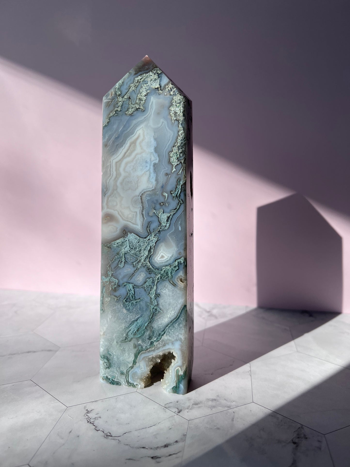 Stunning Druzy Moss Agate Tower - D