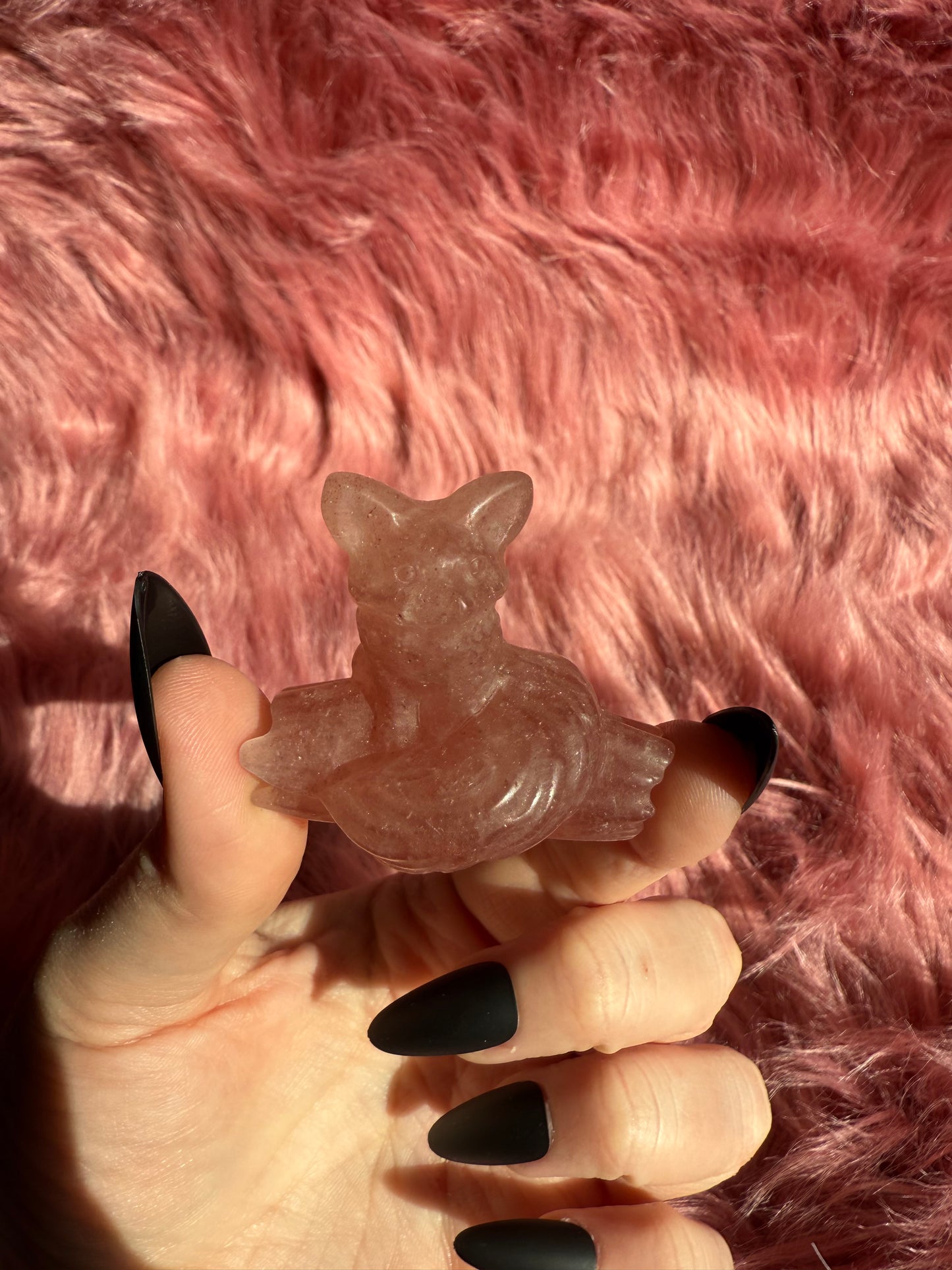 Stunning High Quality Strawberry Quartz Fox on a Log Carving