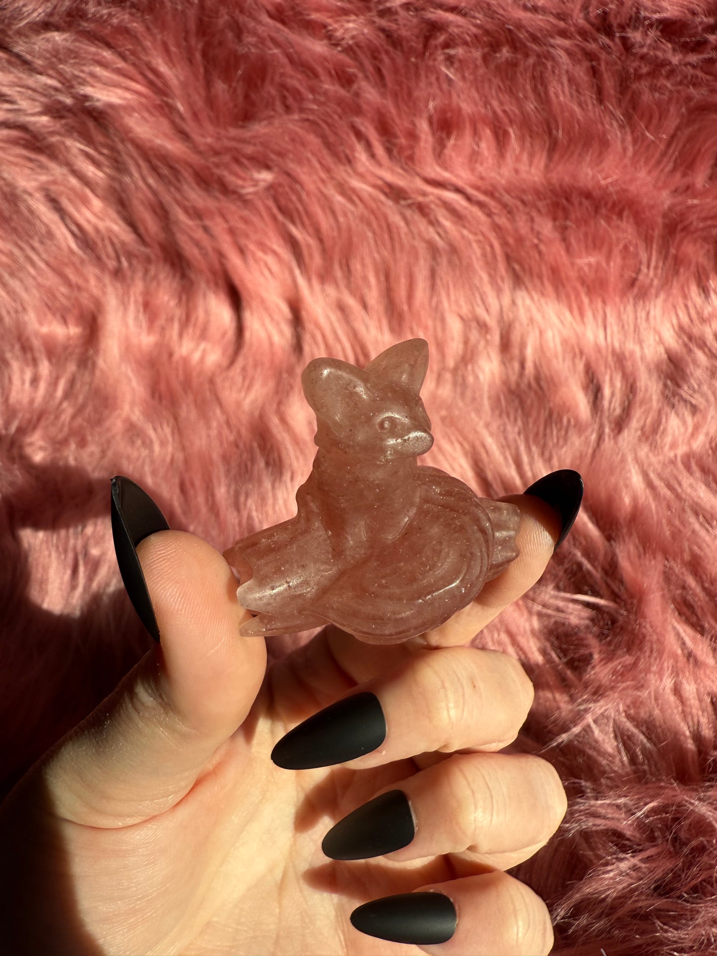 Stunning High Quality Strawberry Quartz Fox on a Log Carving