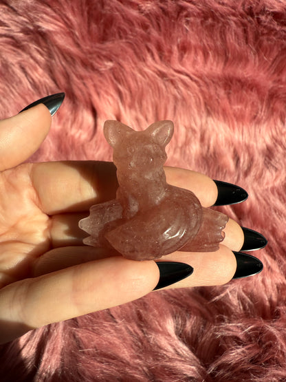 Stunning High Quality Strawberry Quartz Fox on a Log Carving
