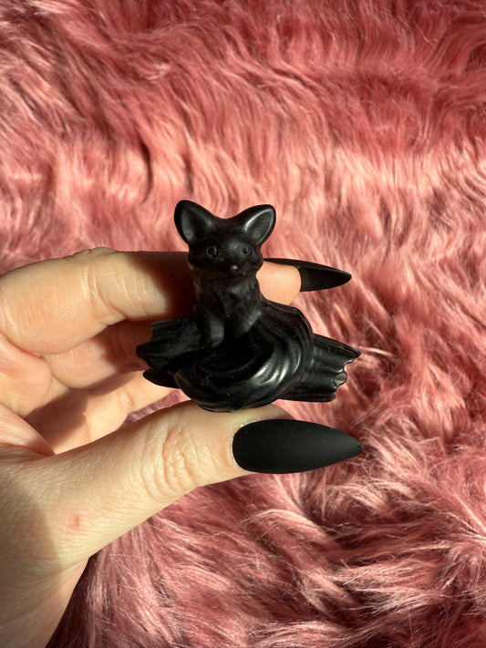 Stunning High Quality Obsidian Fox on a Log Carving