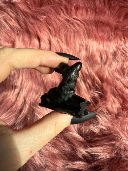 Stunning High Quality Obsidian Fox on a Log Carving