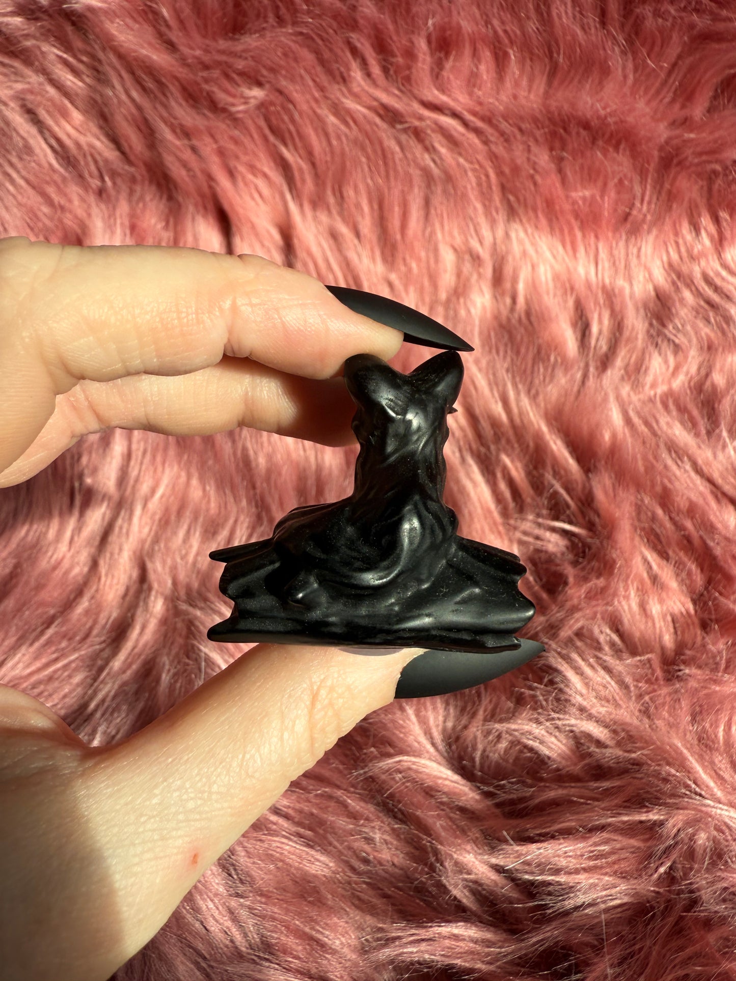 Stunning High Quality Obsidian Fox on a Log Carving