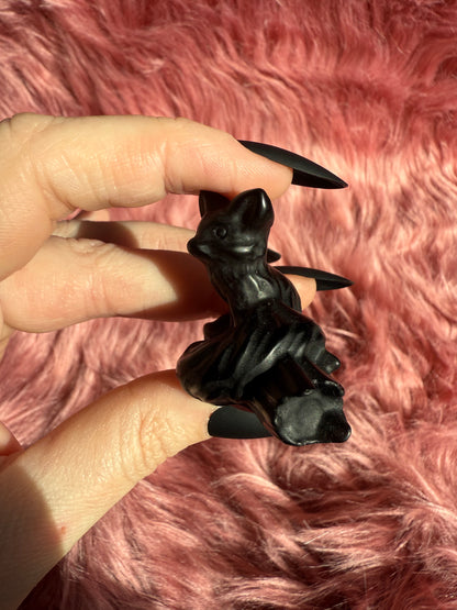 Stunning High Quality Obsidian Fox on a Log Carving