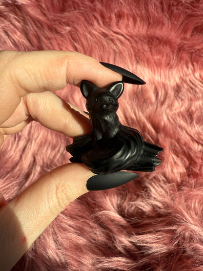 Stunning High Quality Obsidian Fox on a Log Carving