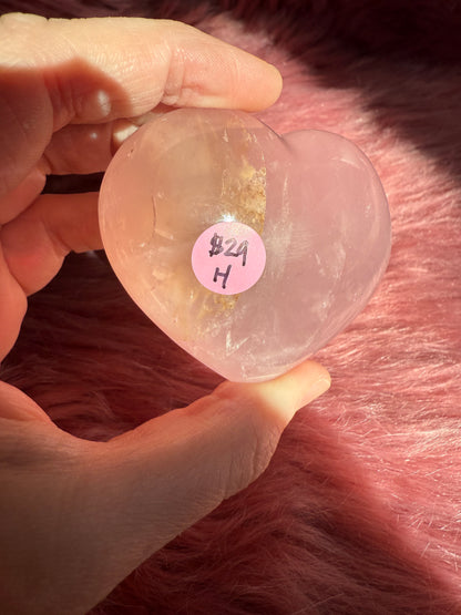 Stunning High Quality Rose Quartz with Golden Healer Puffy Heart Carving - H
