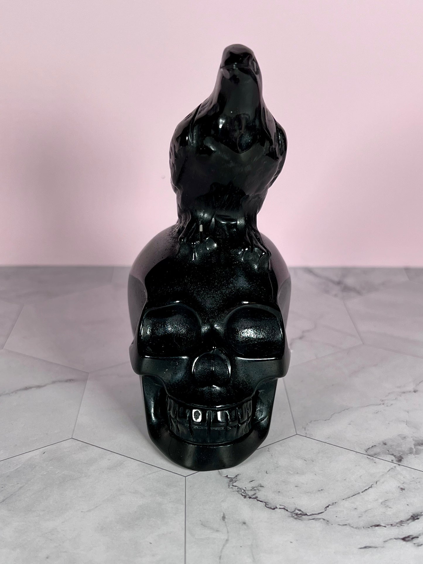 ONE (1) Stunning High Quality Obsidian Skull with Bird