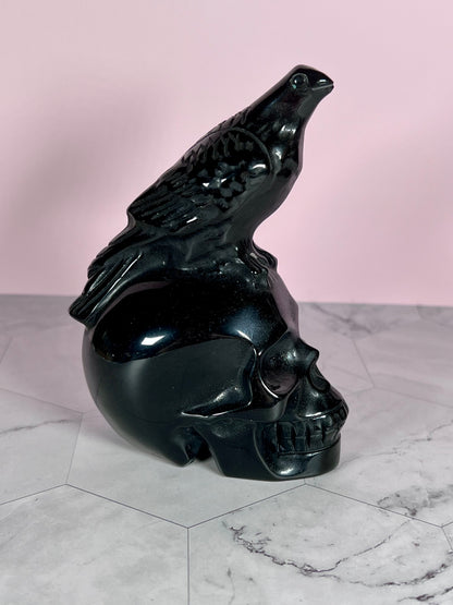 ONE (1) Stunning High Quality Obsidian Skull with Bird