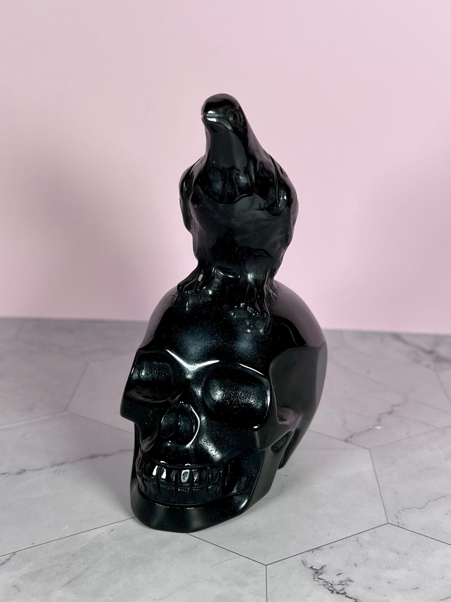 ONE (1) Stunning High Quality Obsidian Skull with Bird