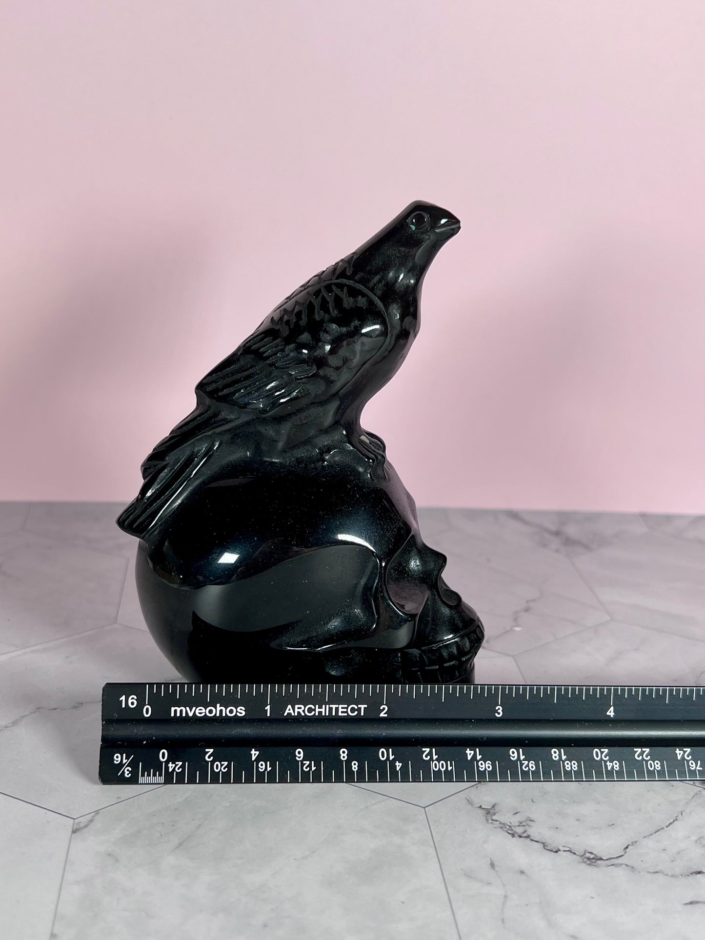 ONE (1) Stunning High Quality Obsidian Skull with Bird