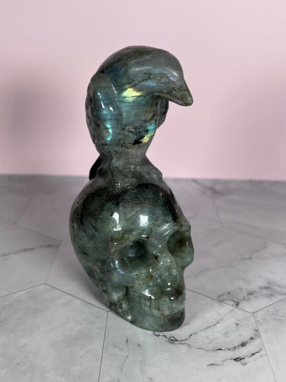 ONE (1) Stunning High Quality Labradorite Skull with Bird