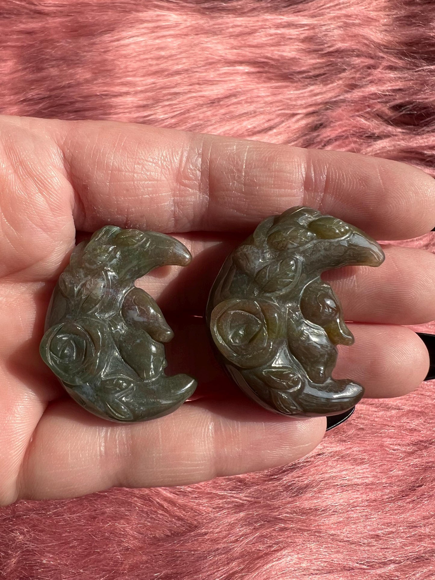 ONE (1) Stunning High Quality Sea Jasper Small Bunny with Flower on Moon