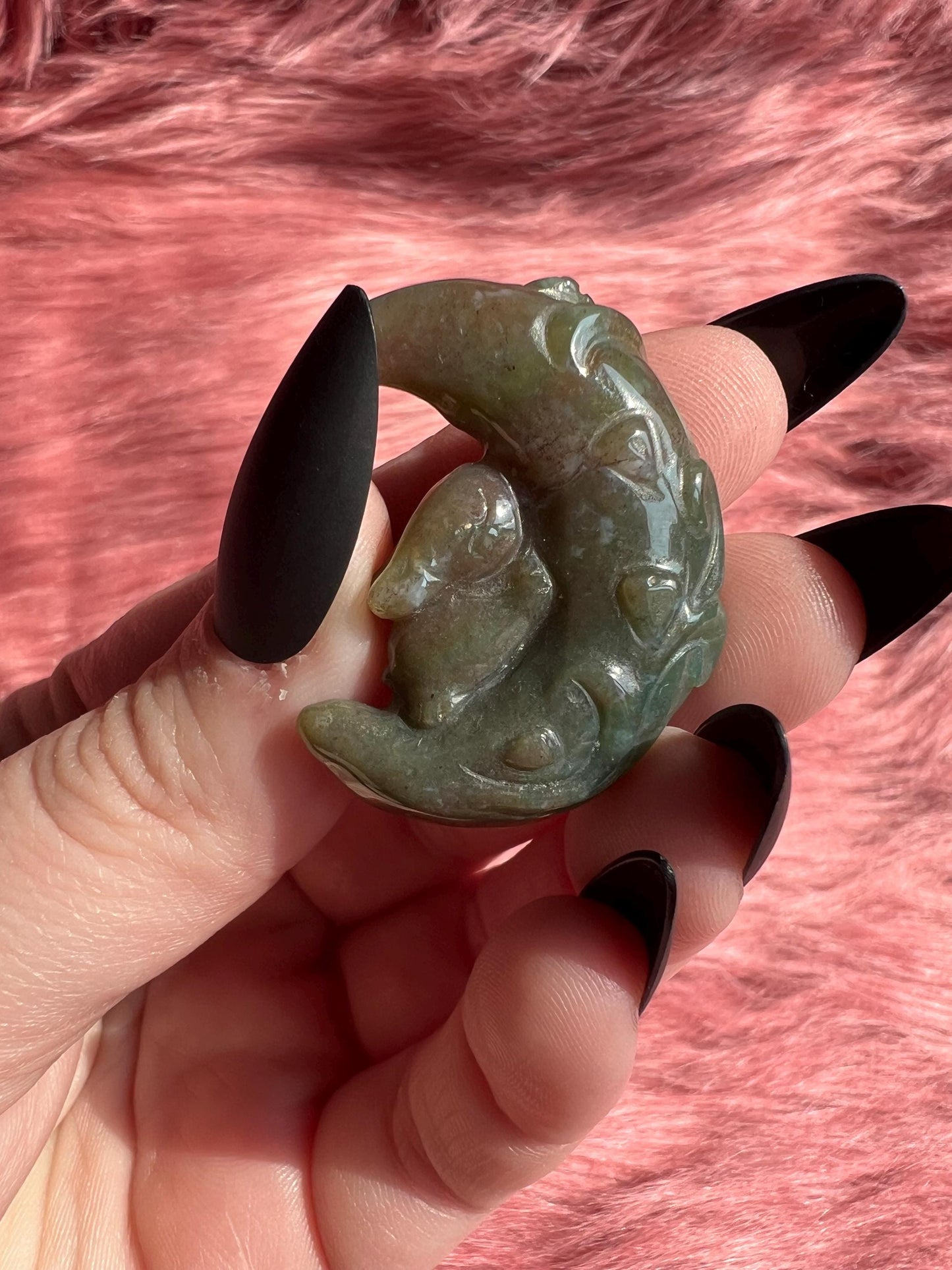 ONE (1) Stunning High Quality Sea Jasper Small Bunny with Flower on Moon