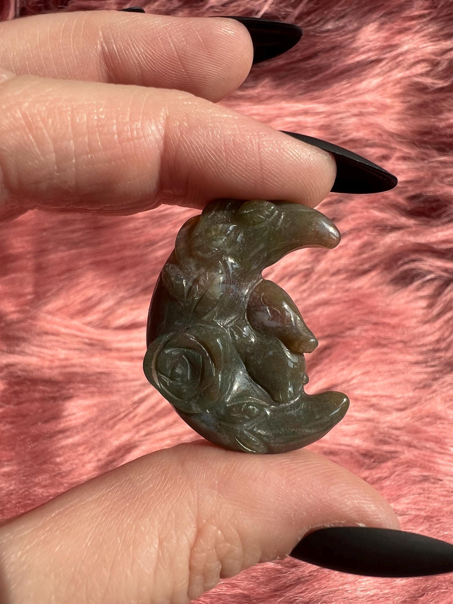 ONE (1) Stunning High Quality Sea Jasper Small Bunny with Flower on Moon