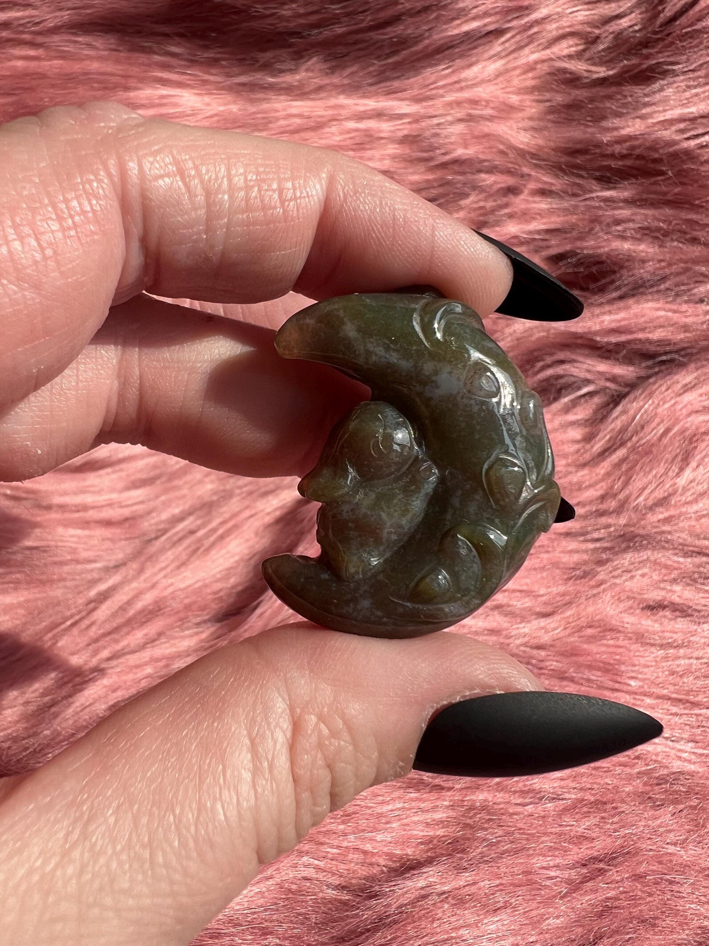 ONE (1) Stunning High Quality Sea Jasper Small Bunny with Flower on Moon