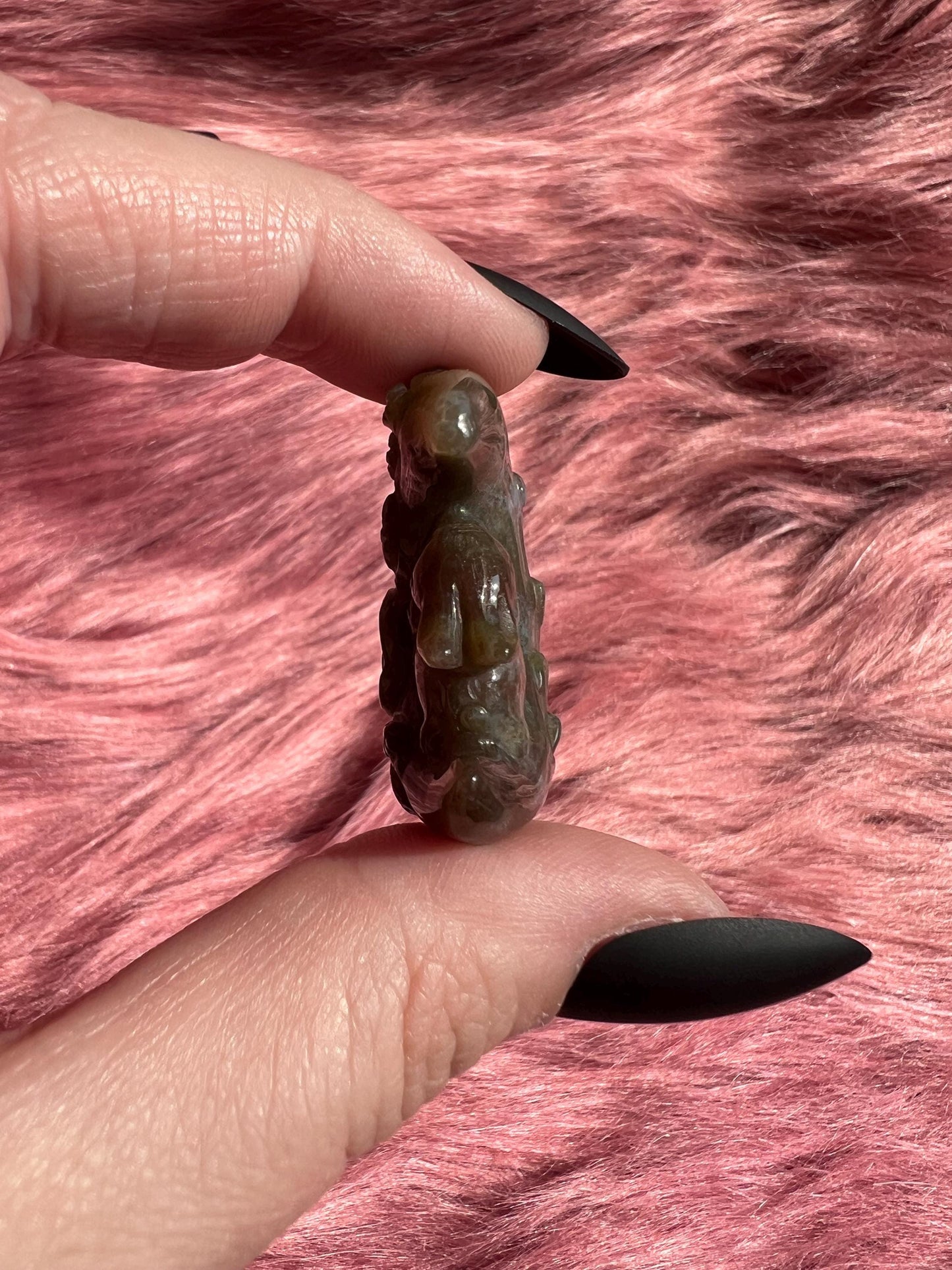 ONE (1) Stunning High Quality Sea Jasper Small Bunny with Flower on Moon