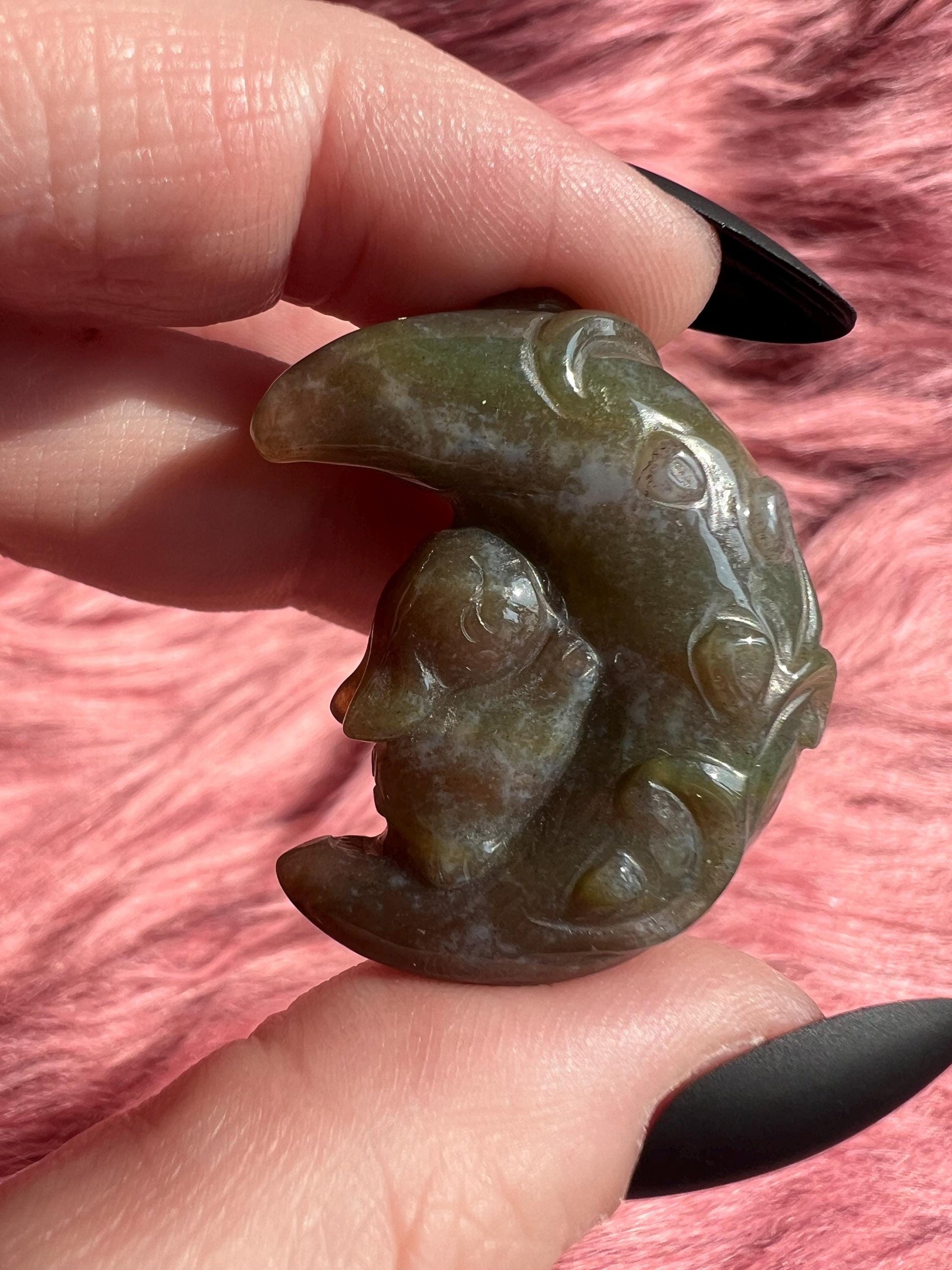 ONE (1) Stunning High Quality Sea Jasper Small Bunny with Flower on Moon