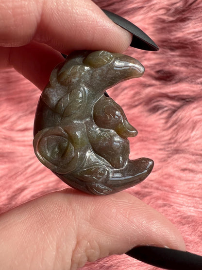 ONE (1) Stunning High Quality Sea Jasper Small Bunny with Flower on Moon