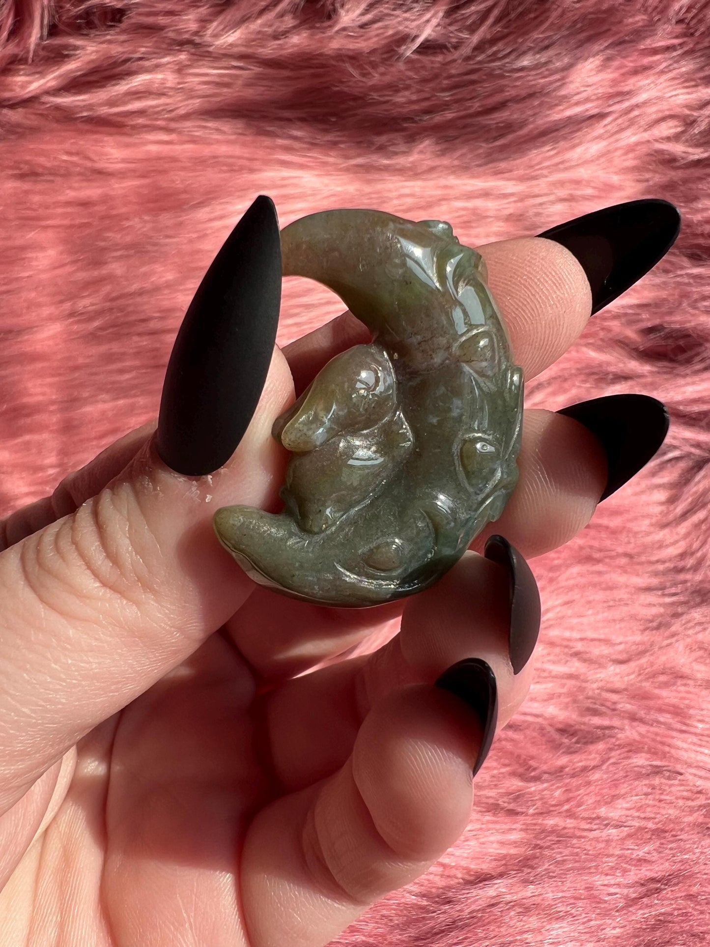 ONE (1) Stunning High Quality Sea Jasper Small Bunny with Flower on Moon