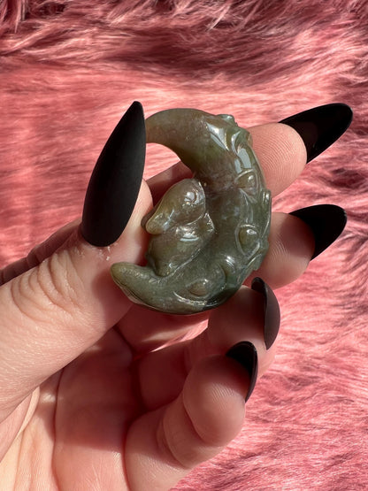 ONE (1) Stunning High Quality Sea Jasper Small Bunny with Flower on Moon