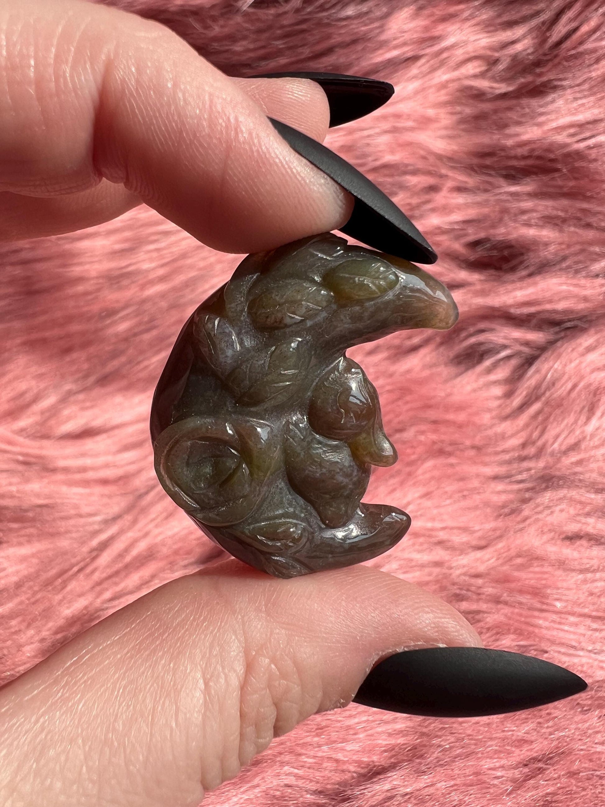 ONE (1) Stunning High Quality Sea Jasper Small Bunny with Flower on Moon