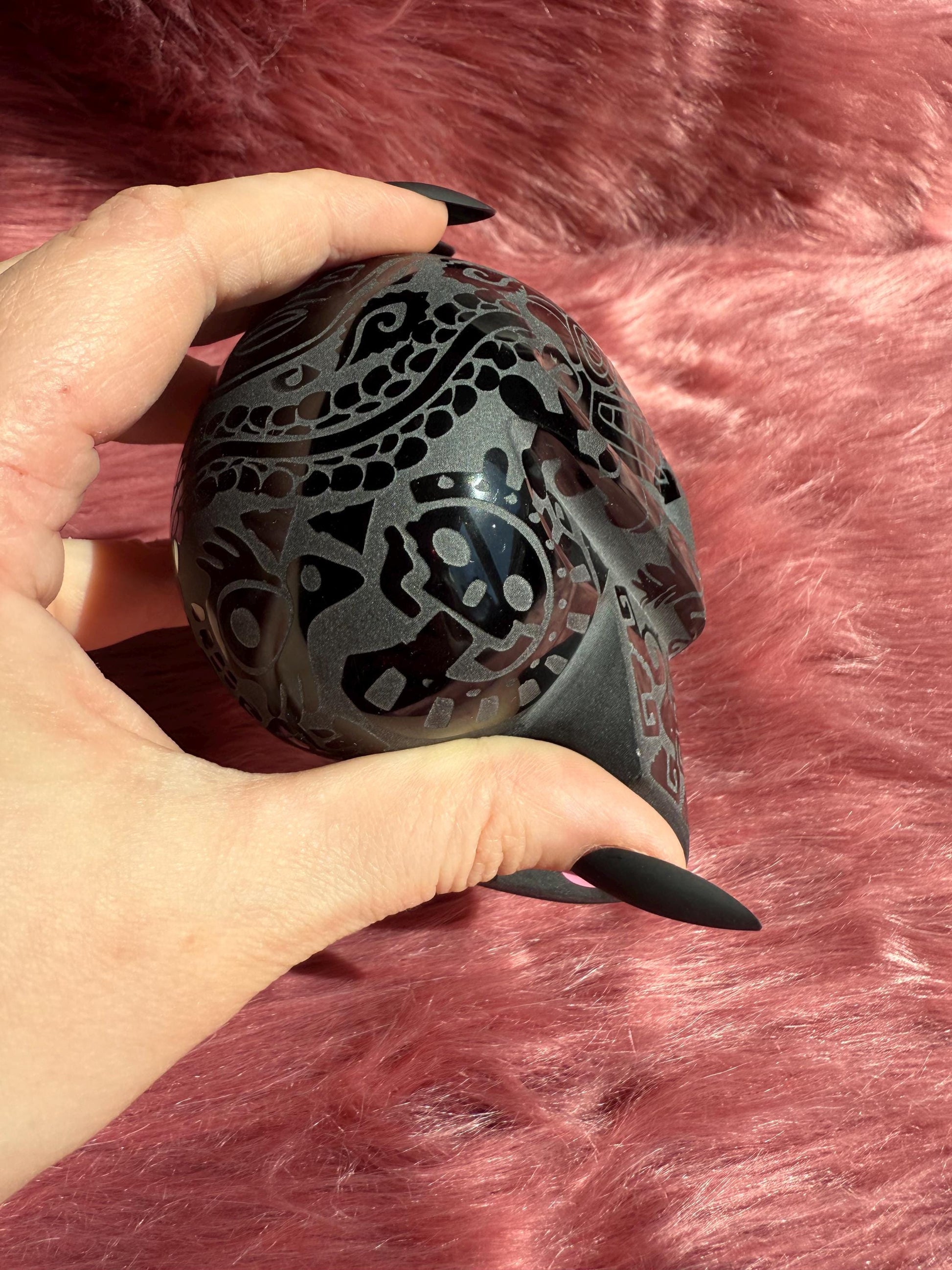 Stunning Etched Obsidian Skull from Mexico - B
