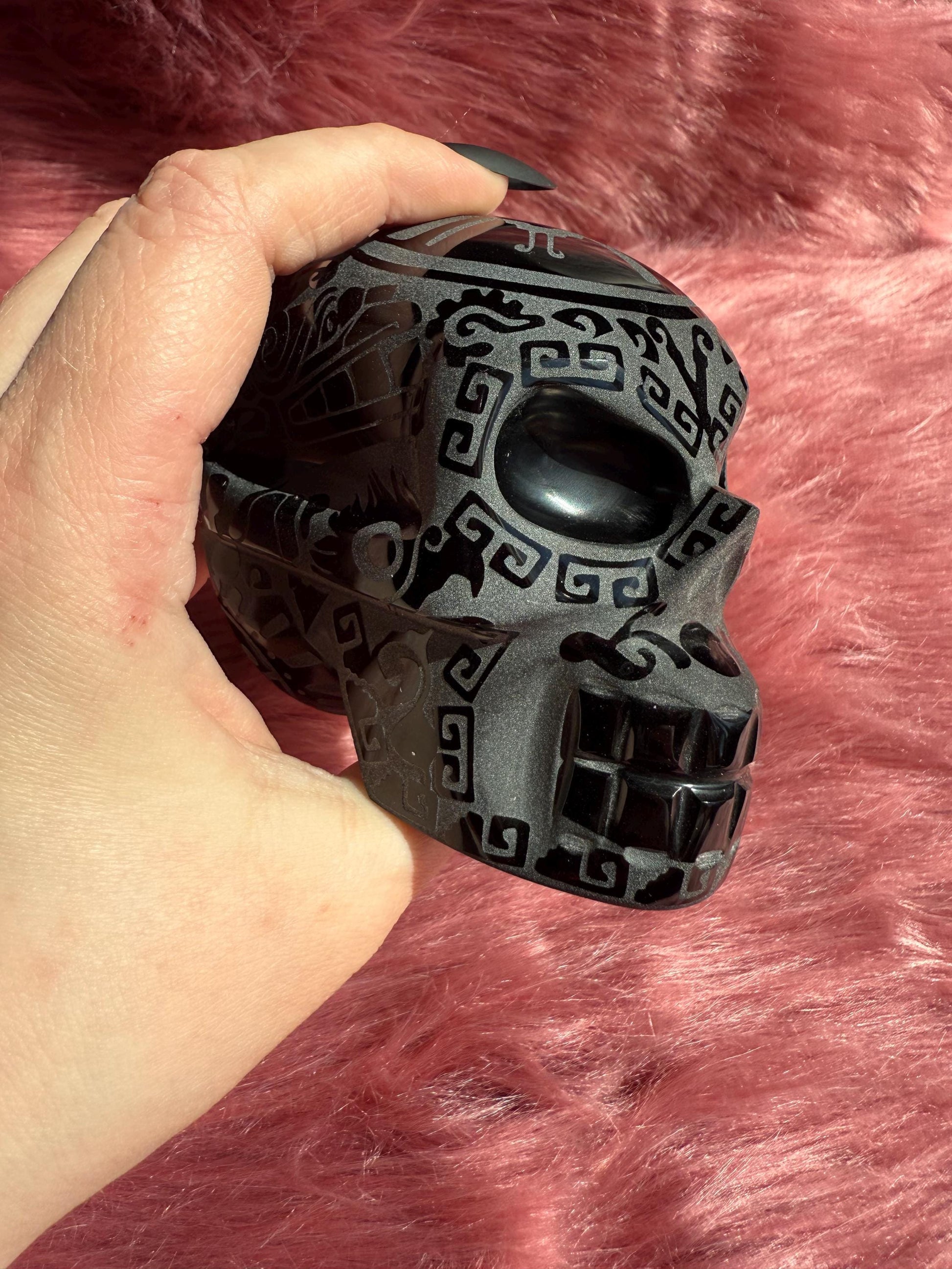 Stunning Etched Obsidian Skull from Mexico - B