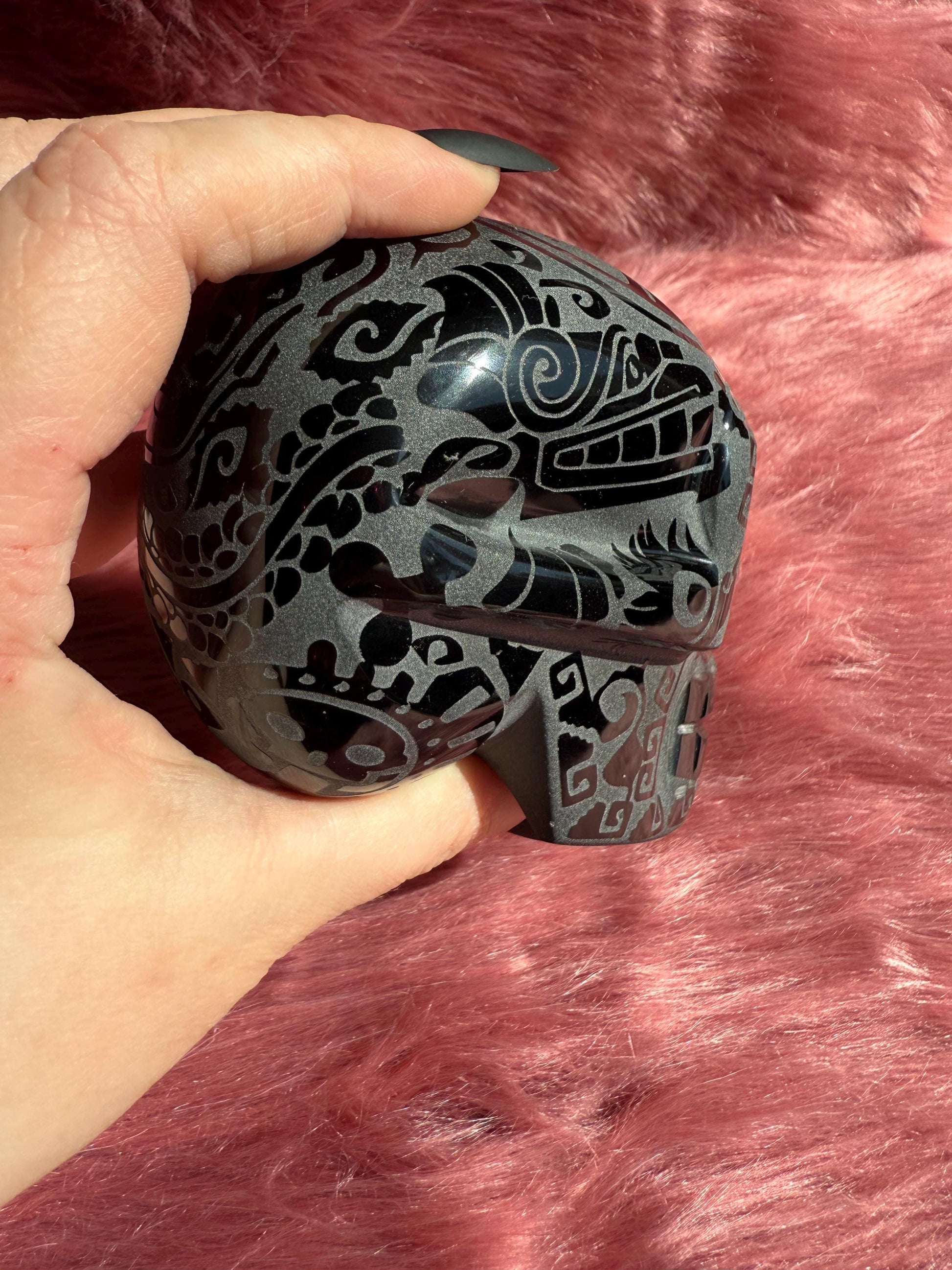Stunning Etched Obsidian Skull from Mexico - B