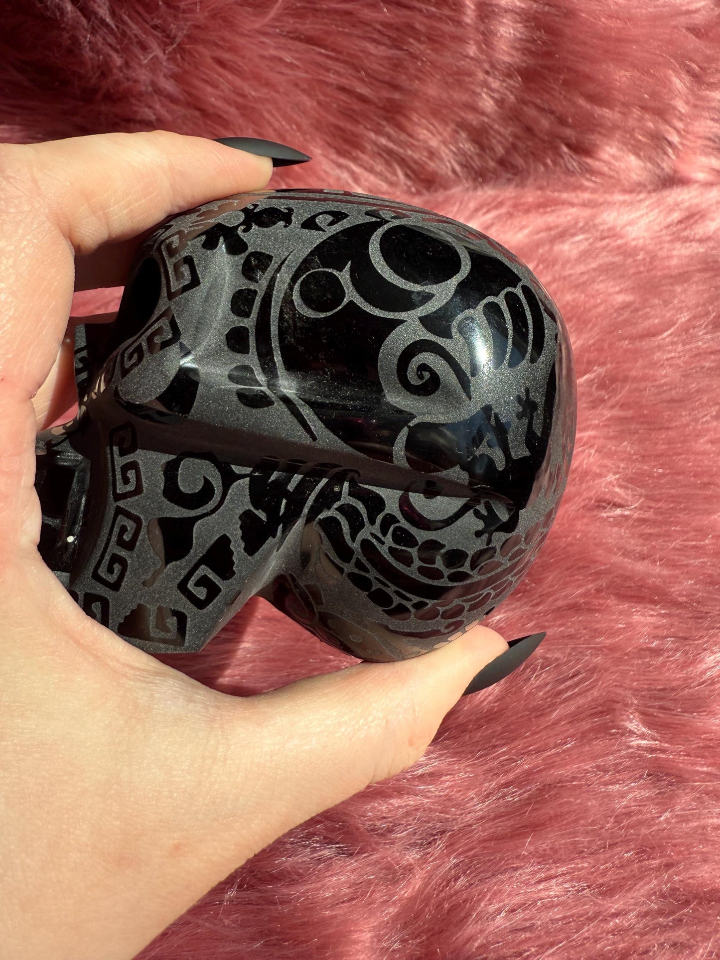Stunning Etched Obsidian Skull from Mexico - B
