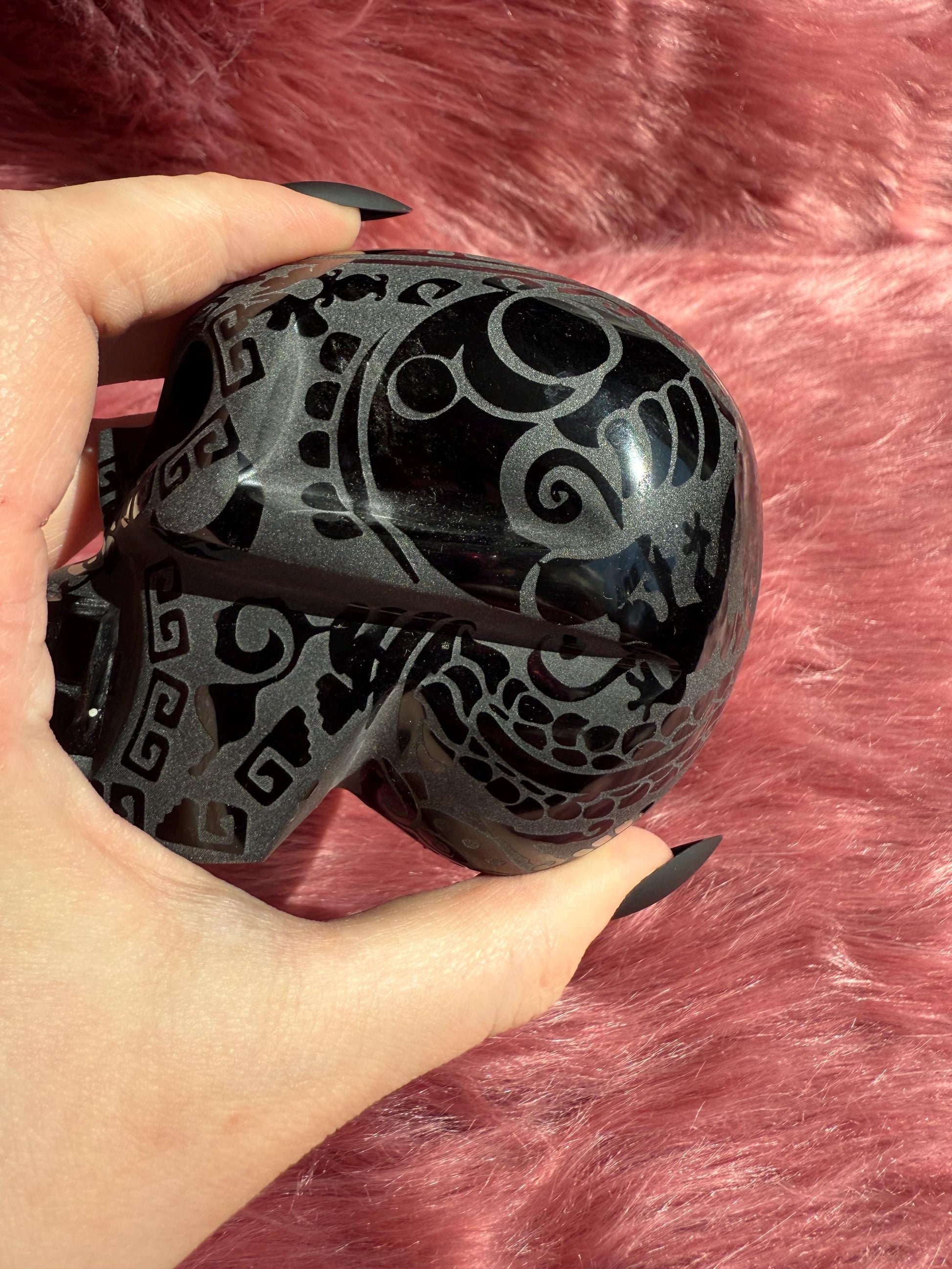 Stunning Etched Obsidian Skull from Mexico - B