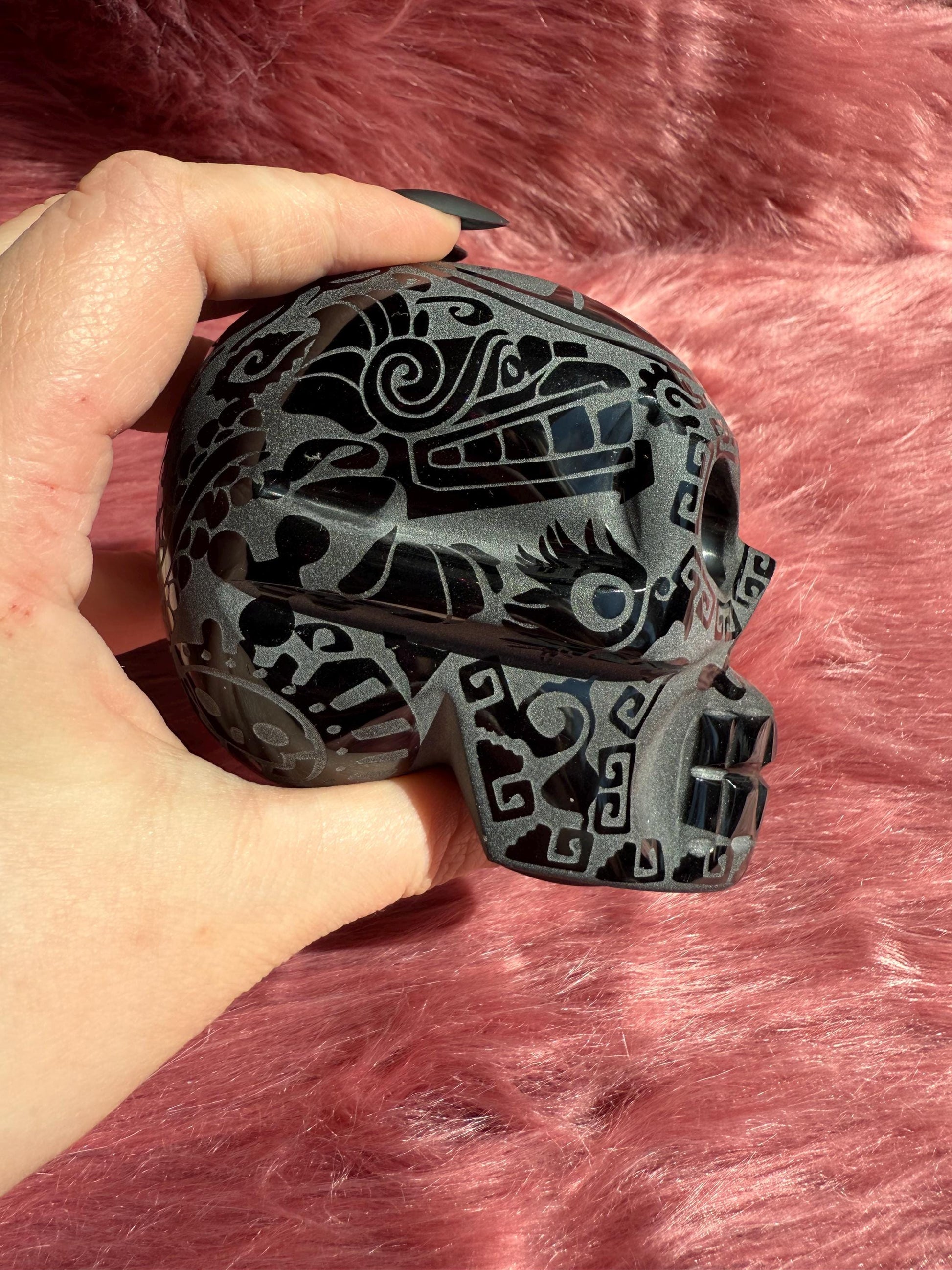 Stunning Etched Obsidian Skull from Mexico - B