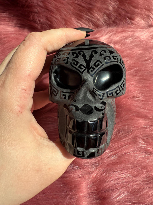 Stunning Etched Obsidian Skull from Mexico - B