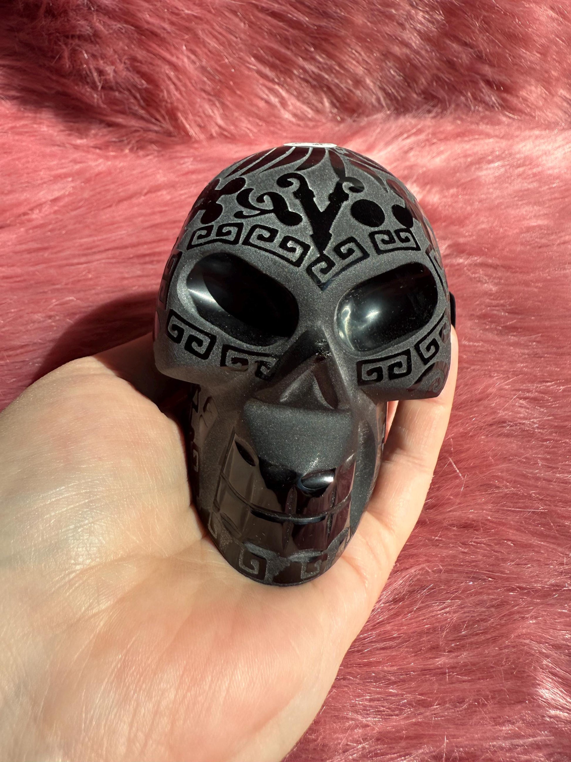 Stunning Etched Obsidian Skull from Mexico