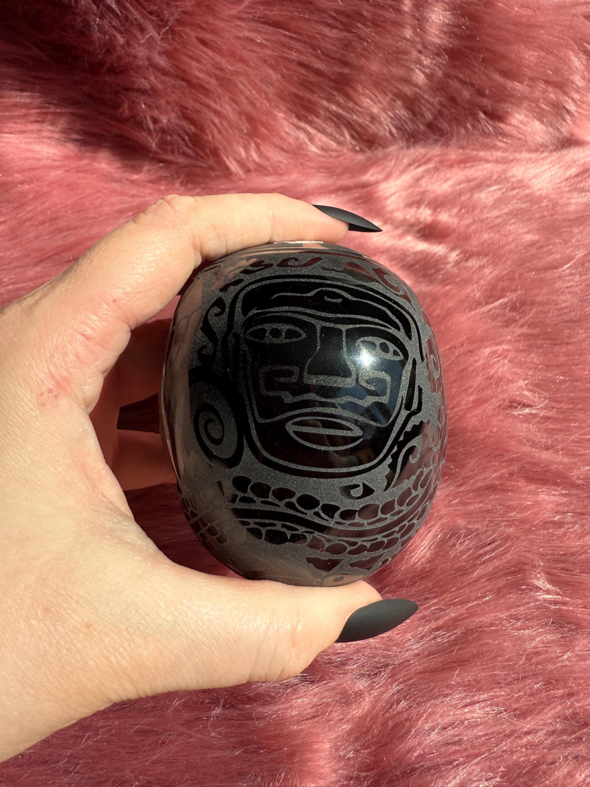 Stunning Etched Obsidian Skull from Mexico - B